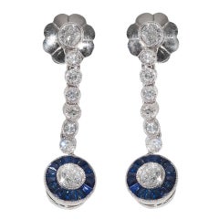 A Pair Of Diamond And Sapphire Ear Pendants