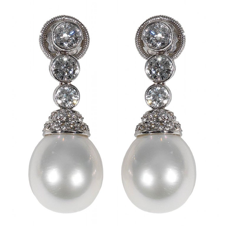Diamonds and South Sea Pearl White Gold Eardrop at 1stdibs