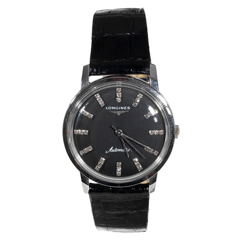 Longines White Gold and Diamond Automatic Wristwatch with Black Dial