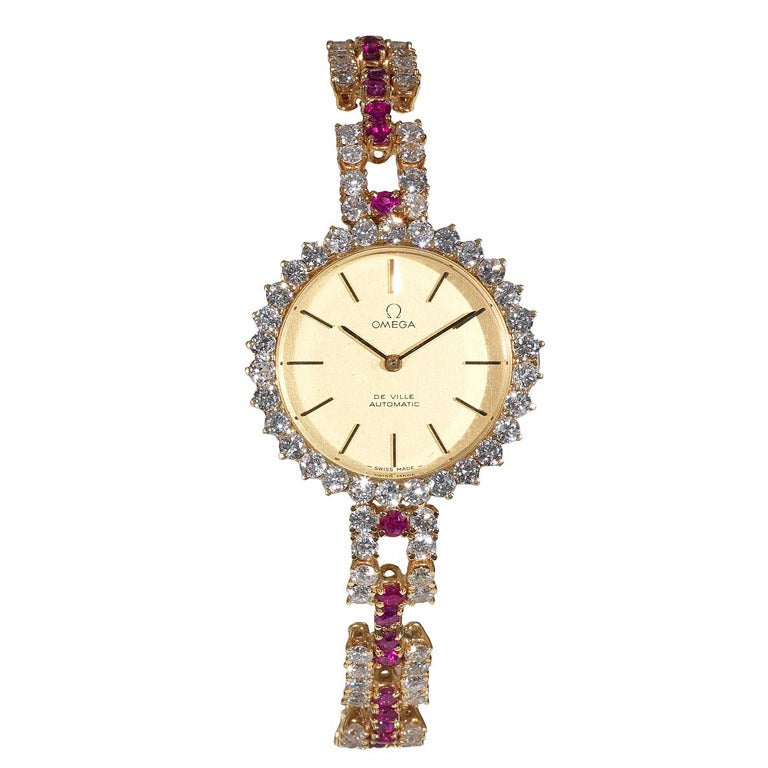 Omega Lady's Yellow Gold, Diamond and Ruby De Ville Bracelet Watch