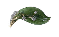 Gold-Mounted Nephrite Lily of the Valley Brooch
