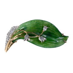 Gold-Mounted Nephrite Lily of the Valley Brooch