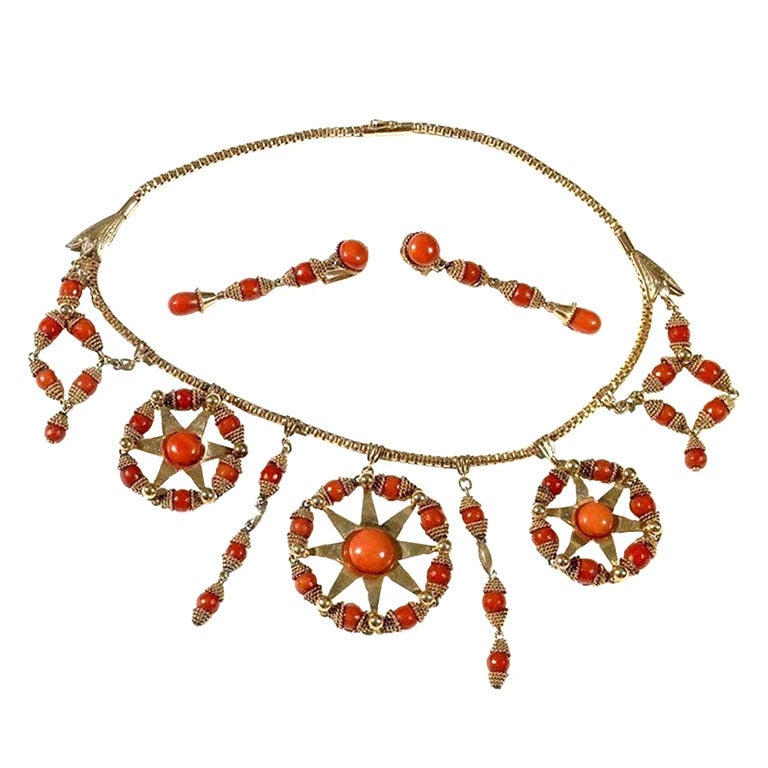 Antique Gold Coral Necklace Earrings Suite