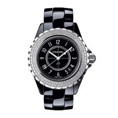 Chanel Black Ceramic J12 Wristwatch With Two-Row Diamond Bezel