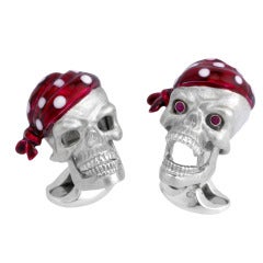 DEAKIN & FRANCIS Silver Pirate Skull Cufflinks with Ruby Eyes