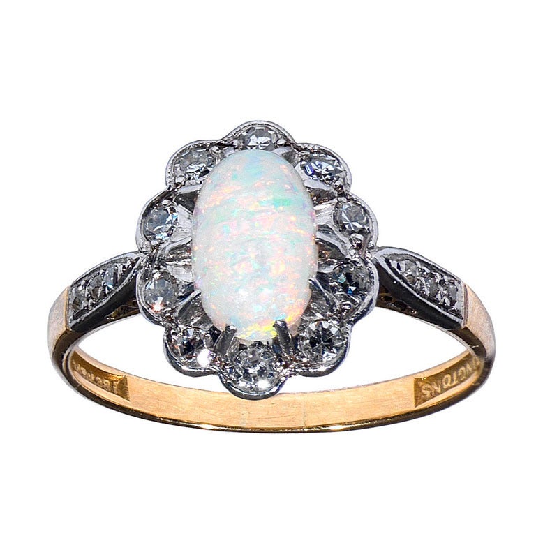 Opal Diamond Set Gold Platinum Oval Cluster Ring