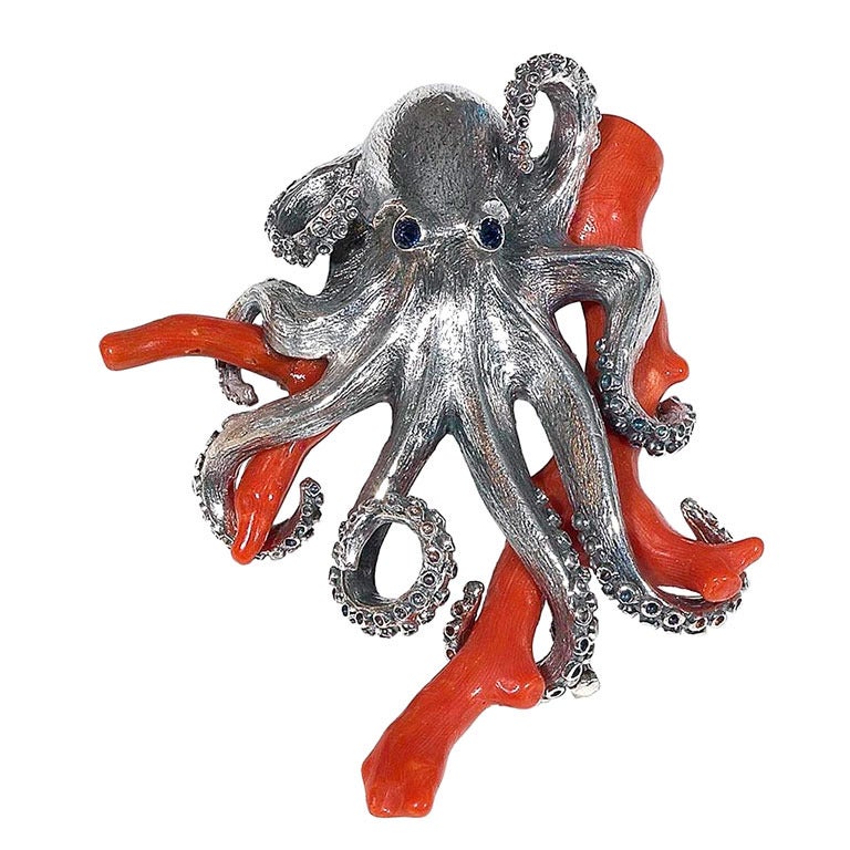 Coral Sapphire Silver Octopus Brooch / Pendant