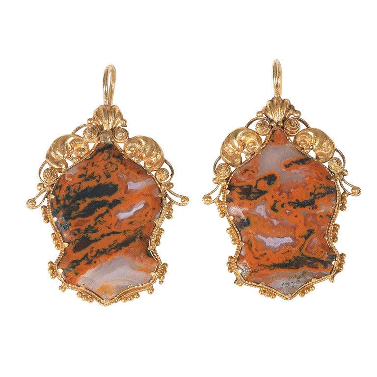Antique Moss Agate Gold Earrings
