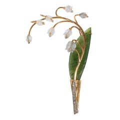 Carved Quartz Serpentine and Diamond Lily of the Valley
