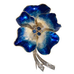 Vintage A Large Blue and Cream Enamel Sapphire Diamond Pansy Brooch