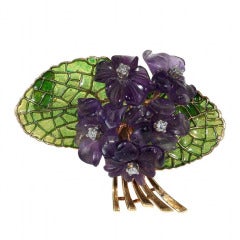 Gold and Enamel, Amethyst and Diamond forget-me-not flowers Brooch