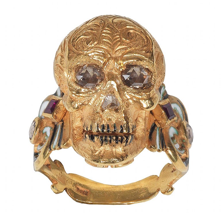 Enamel Ruby Diamond Gold Skull Ring