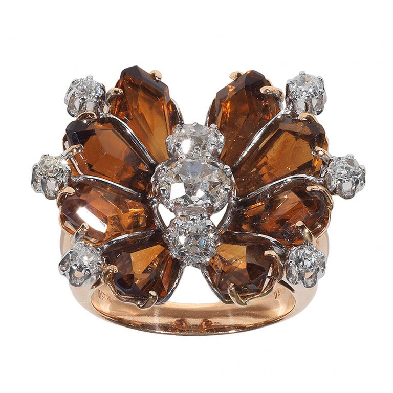 Quartz Citrine Diamond Rose Gold Ring c1940