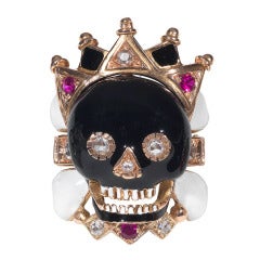 Enamel Ruby Diamond Gold Skull Ring with Crown