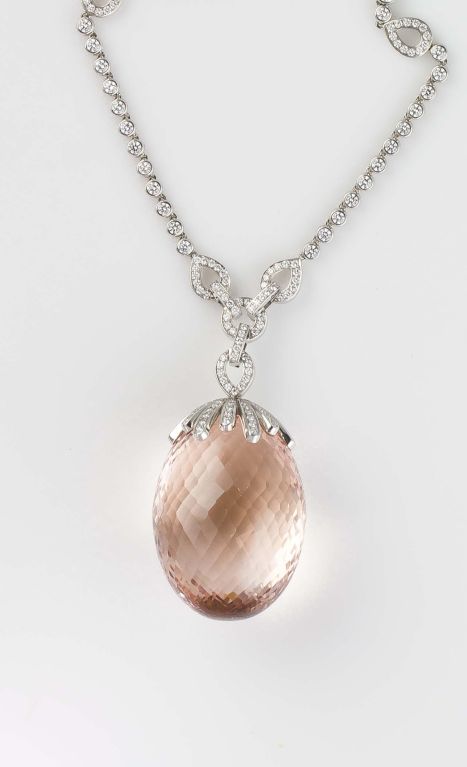 Important and unique faceted briole Morganite on a platinum diamond encrusted chain by Tiffany & Co. Pendant measures over 1