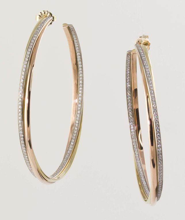 Cartier Diamond Three Color Gold Trinity Large Hoop Earrings For Elegant And Timeless 18k White Yellow Pink Gold Diamond Hoop Earrings From