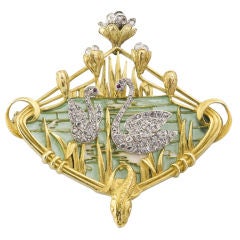 FRENCH Art Nouveau 18K Diamond Enamel Swan Pond Scene Brooch