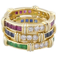 CARTIER 18K Gold Diamond Emerald Ruby Sapphire 3 Band Ring Set