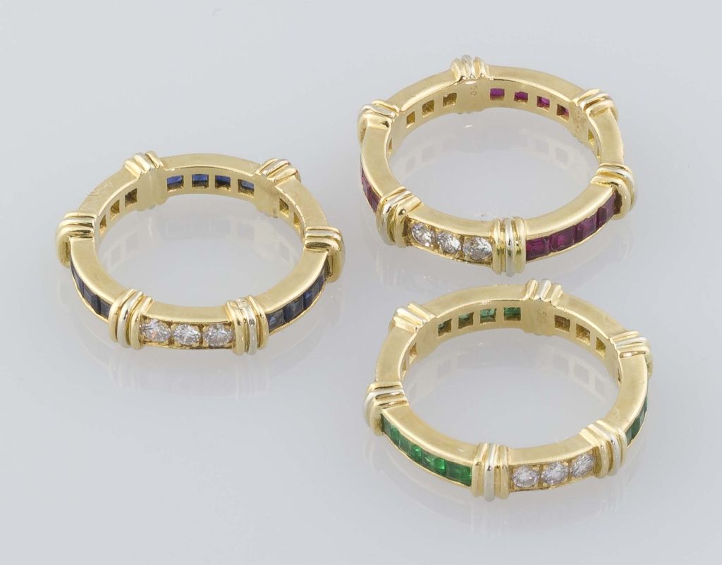 Women's CARTIER 18K Gold Diamond Emerald Ruby Sapphire 3 Band Ring Set