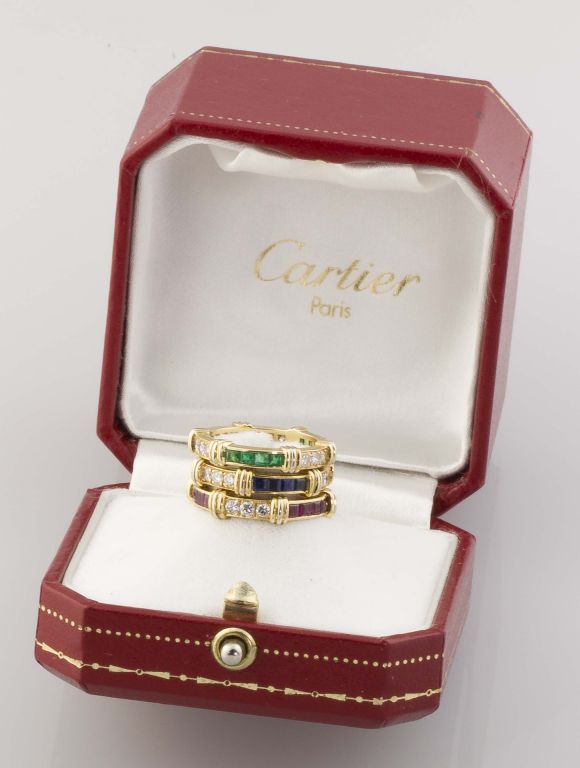 CARTIER 18K Gold Diamond Emerald Ruby Sapphire 3 Band Ring Set 2