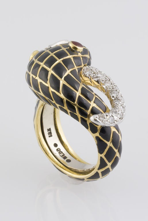 Women's David Webb Enamel Diamond Gold Platinum Snake Ring 
