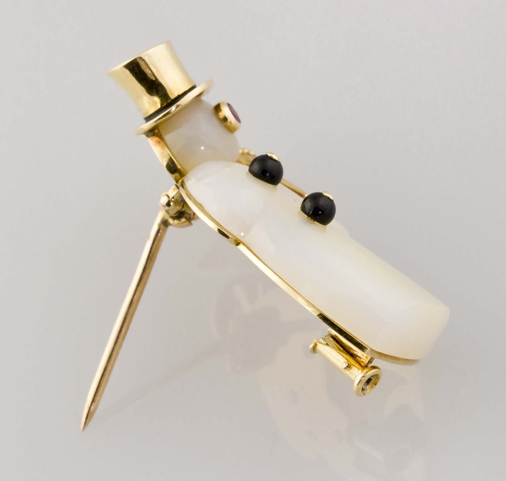 CARTIER Retro Gold Ruby Onyx White Jade Snow Man Brooch