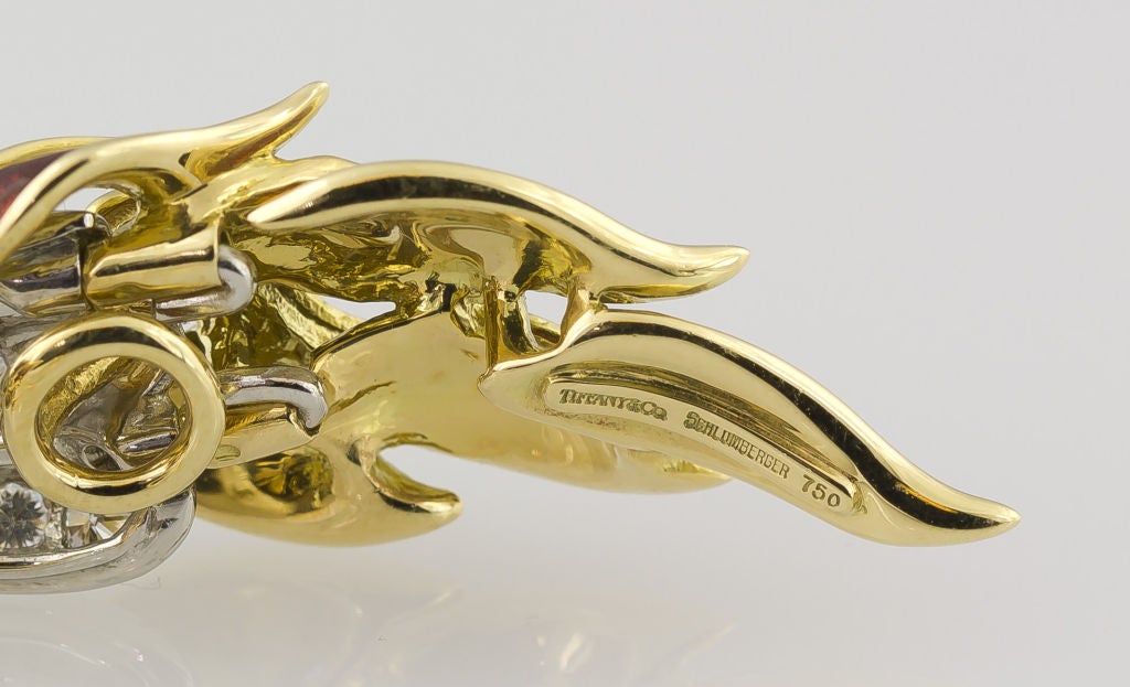 Contemporary TIFFANY SCHLUMBERGER Platinum Gold Diamond Enamel Flame Earrings