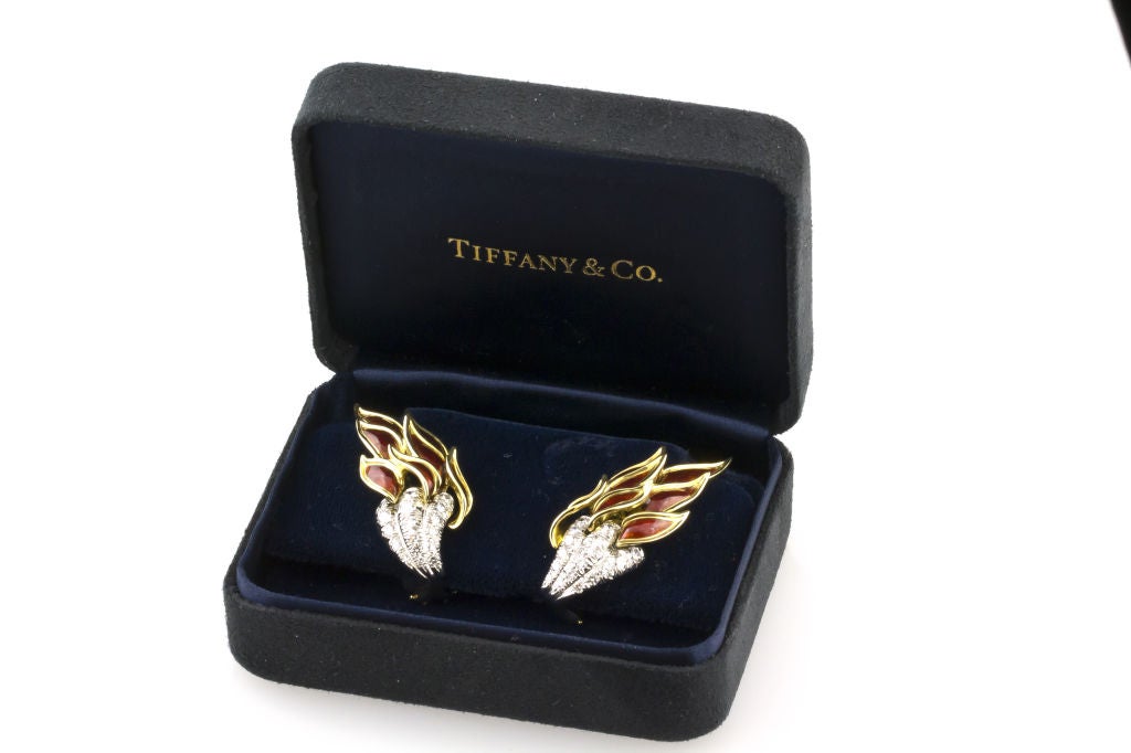 TIFFANY SCHLUMBERGER Platinum Gold Diamond Enamel Flame Earrings 2