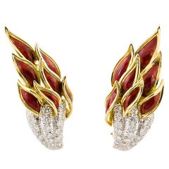TIFFANY SCHLUMBERGER Platinum Gold Diamond Enamel Flame Earrings