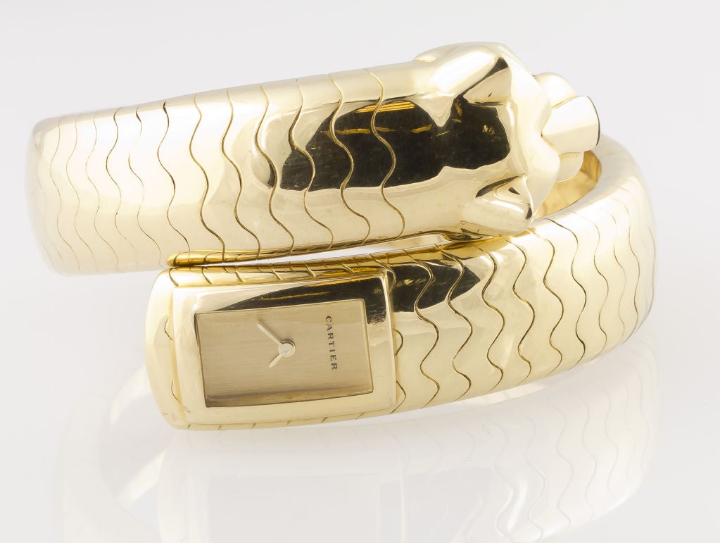 Cartier Lady's Gelbgold und Smaragd Panther Lakarda Flexible Armreif Uhr Damen