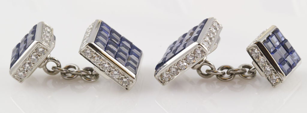 Aletto Brothers Invisible Set Sapphire Diamond Platinum Stud Set In Excellent Condition In New York, NY