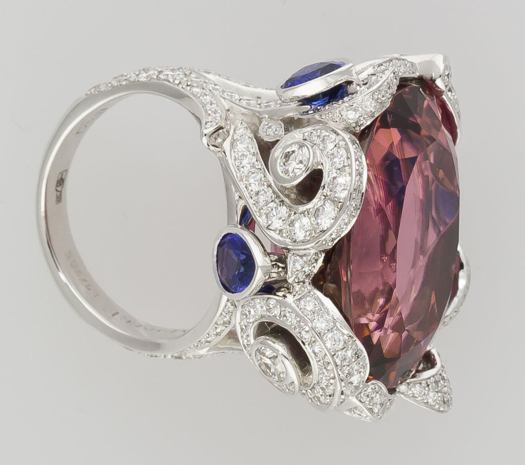 Rare and impressive tourmaline, sapphire, diamond and 18K white gold cocktail ring from the 