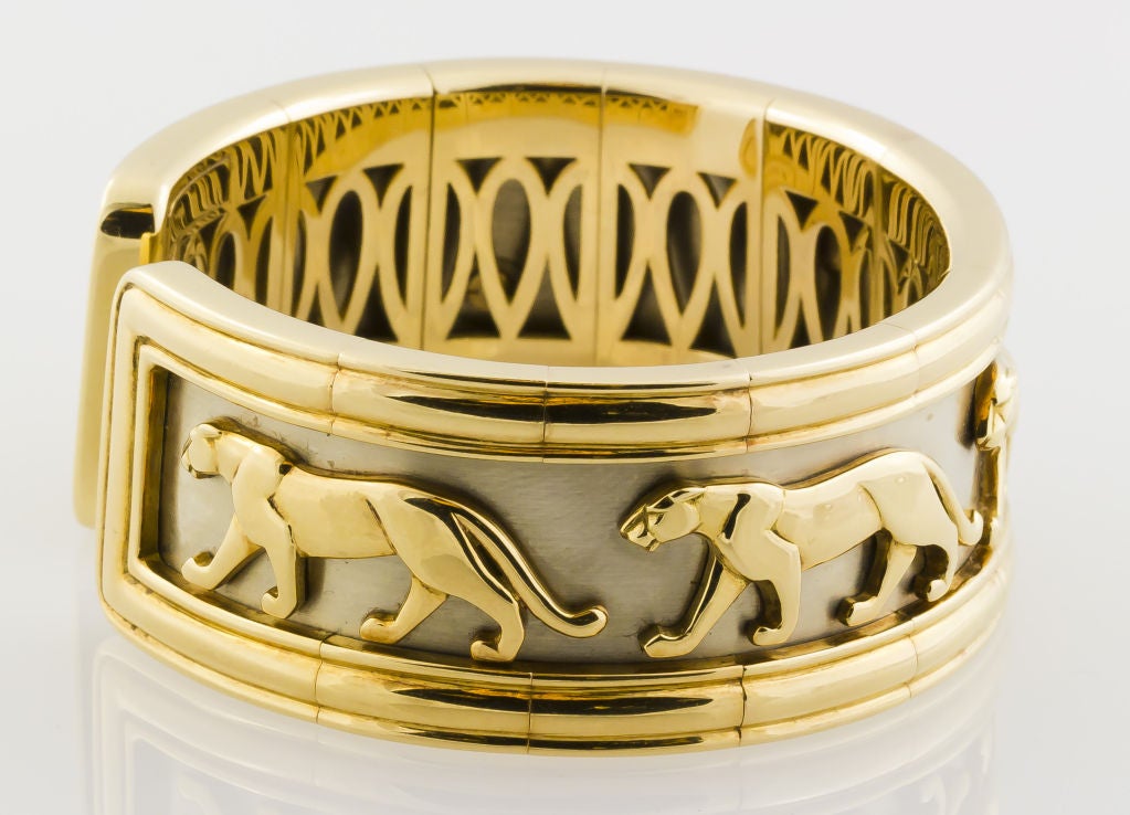 Cartier White Yellow Gold Panther Cuff Bracelet In Excellent Condition In New York, NY