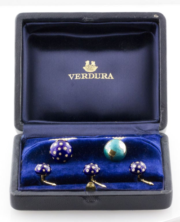 Rare and unusual 18K gold, diamond and enamel cufflink and stud set by Verdura. This set is referred to as the 