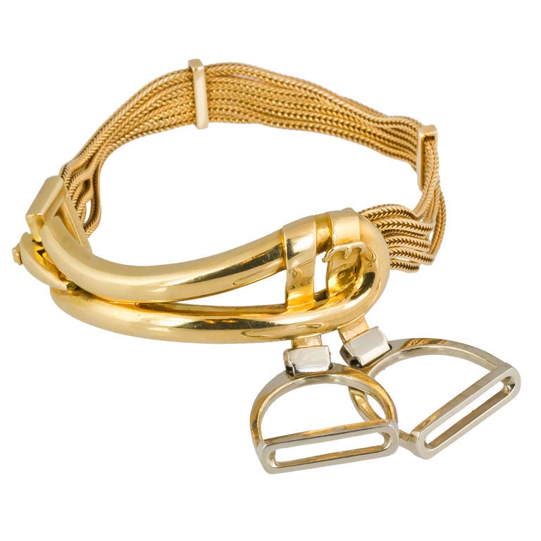 HERMES PARIS Two Tone Gold Equestrian Motif Stirrup Bracelet