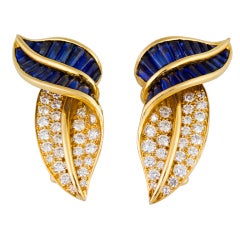OSCAR HEYMAN  Sapphire Diamond and Gold Leaf Earrings