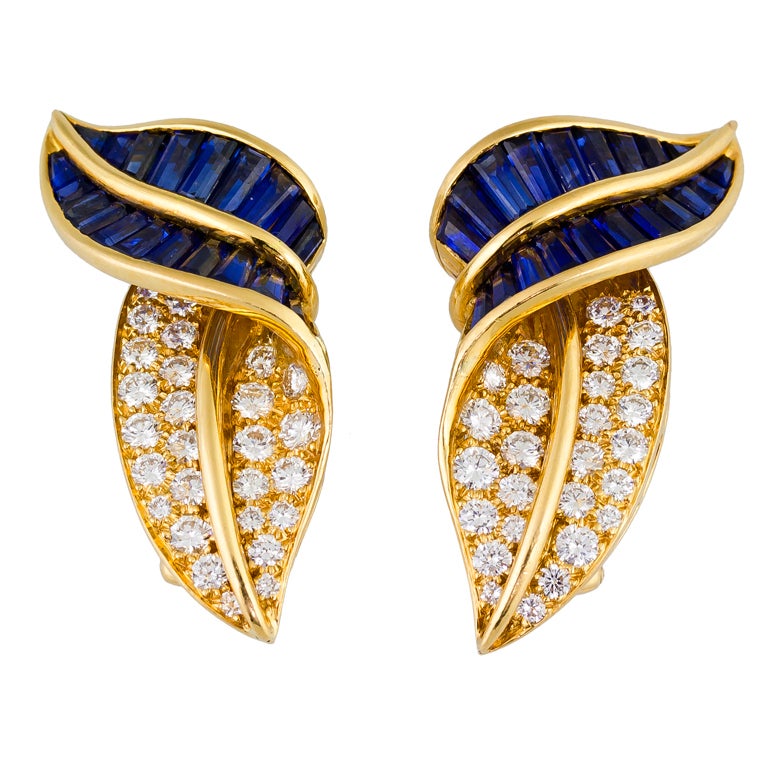 OSCAR HEYMAN Sapphire Diamond and Gold Leaf Earrings at 1stdibs