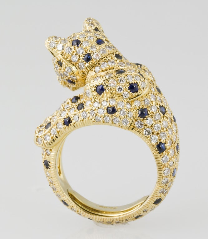 CARTIER PANTHERE Rare Diamond Sapphire and Gold Ring For Sale at 1stDibs