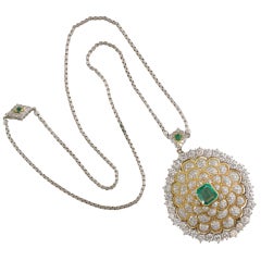 BUCCELLATI Diamond Emerald Platinum Gold Brooch/Pendant Necklace