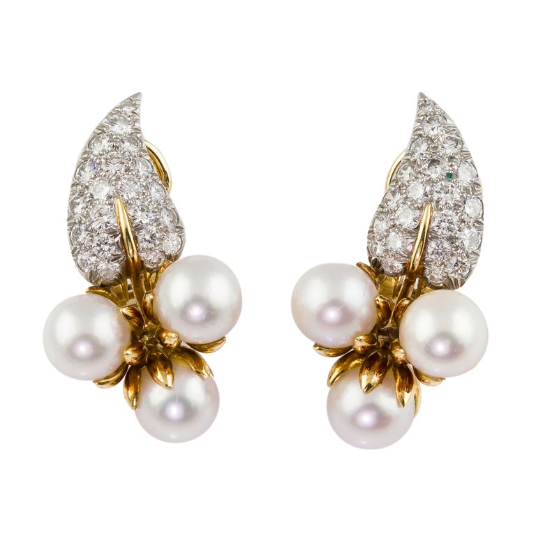 TIFFANY and CO. SCHLUMBERGER Diamond Pearl Gold Leaf Earrings at 1stDibs