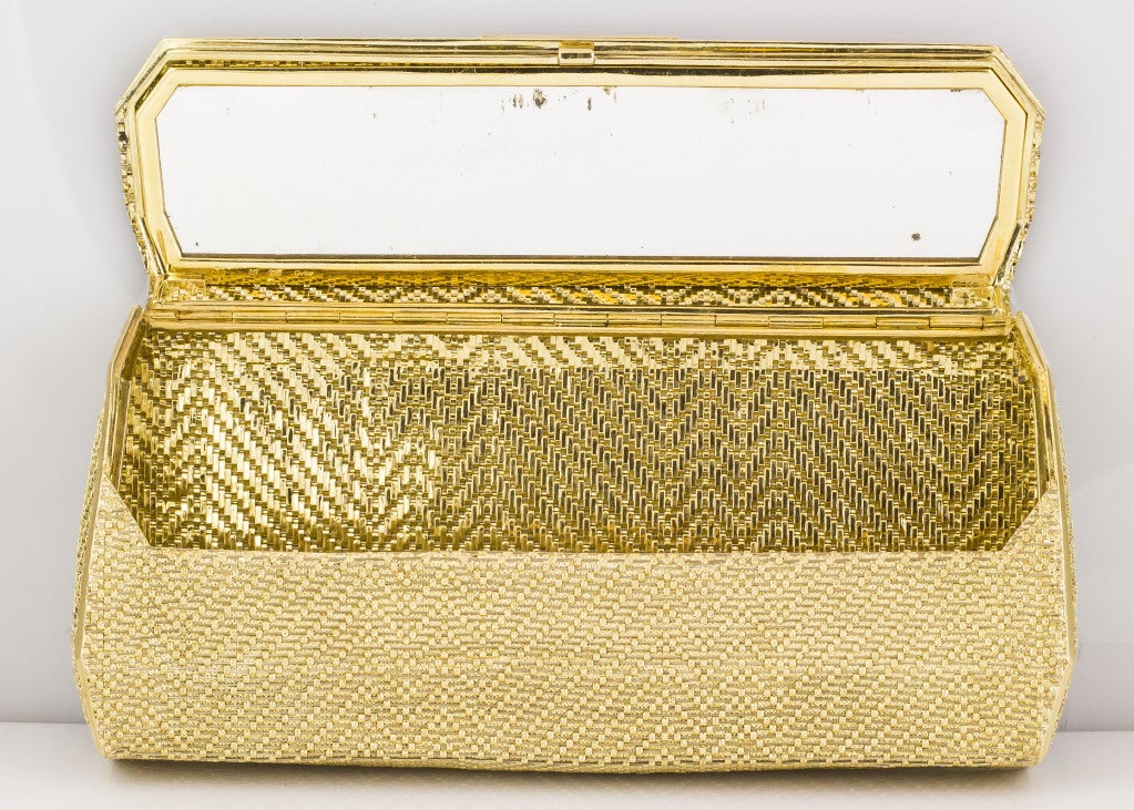 Women's Cartier Sapphire Diamond 18 Karat Two-Tone Gold Basket Woven Clutch Evening Bag