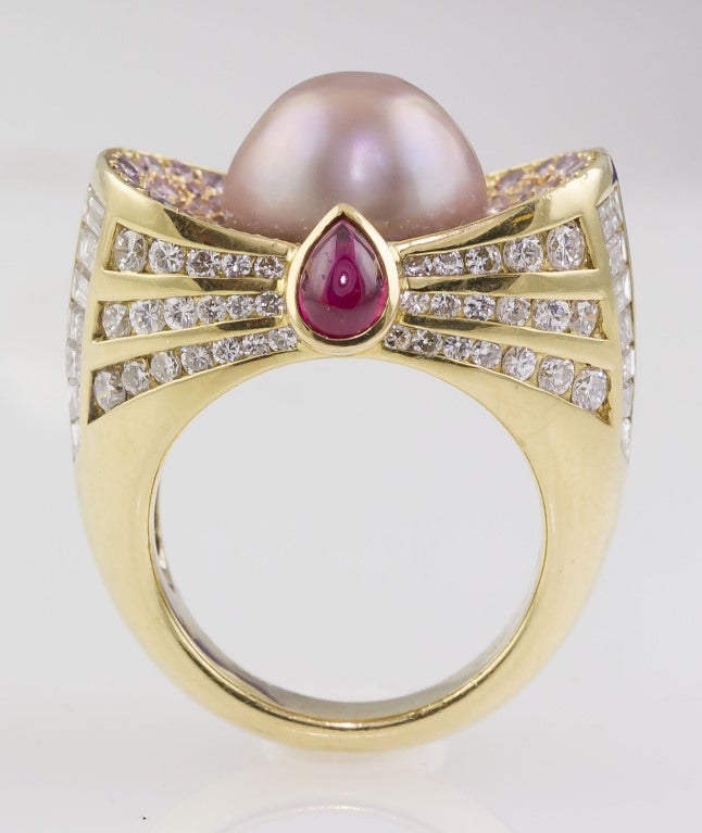 Women's MAUBOUSSIN Natural Pearl Pink & White Diamond Ruby Gold Ring