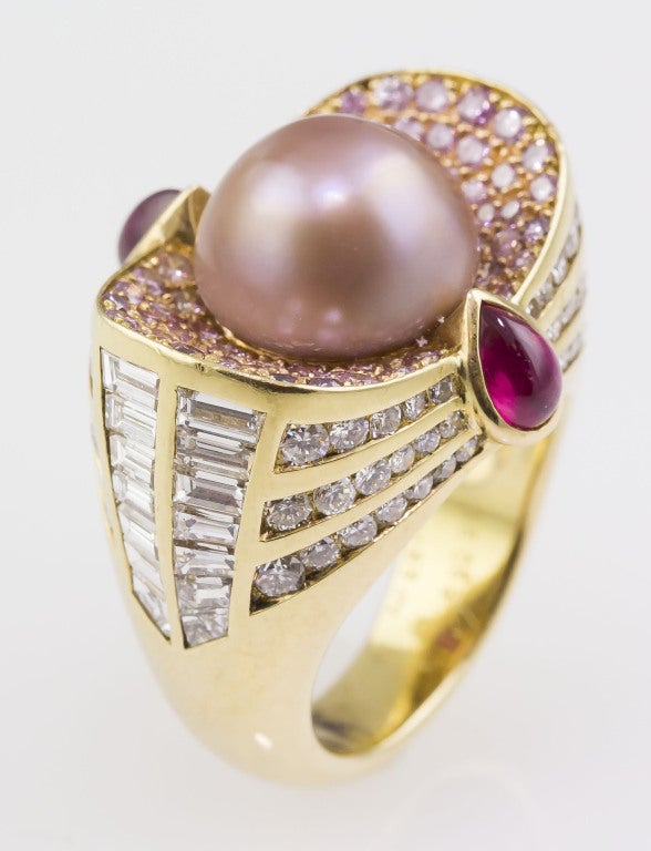 MAUBOUSSIN Natural Pearl Pink & White Diamond Ruby Gold Ring 1
