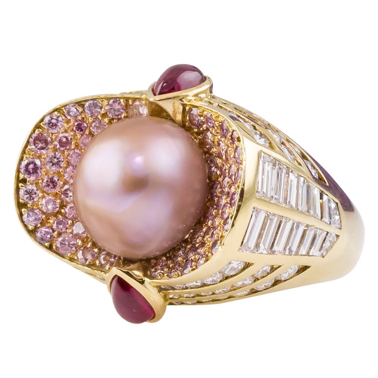 MAUBOUSSIN Natural Pearl Pink & White Diamond Ruby Gold Ring