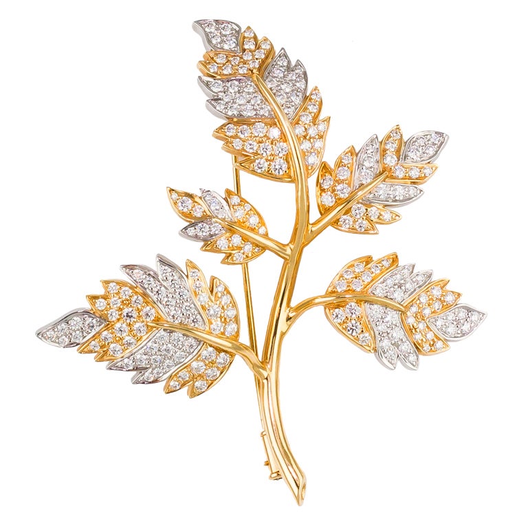 TIFFANY 
CO. SCHLUMBERGER Diamond Platinum Gold 5 Leaf Brooch