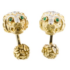 DAVID WEBB Diamond Emerald Platinum Gold Lion Head Cufflinks