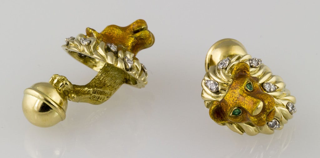 TIFFANY & CO. Emerald Diamond and Enamel Gold Lion Cufflinks