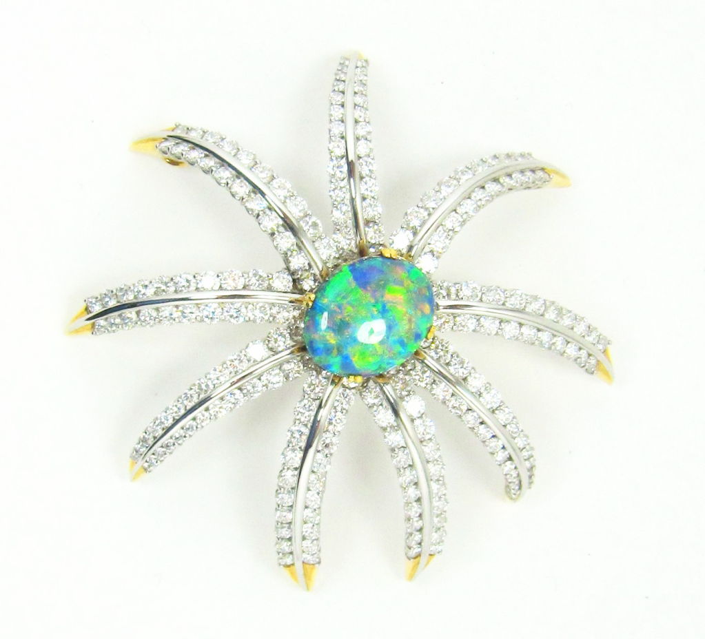 TIFFANY Platinum 18K Gold Diamond Opal Firework Brooch