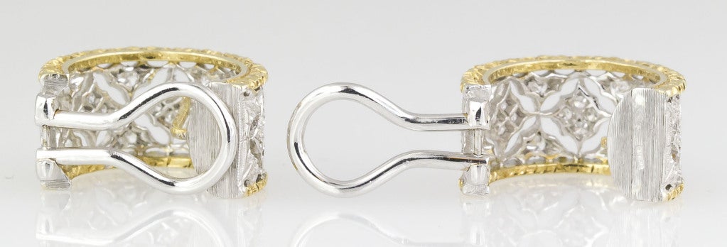 MARIO BUCCELLATI Diamond 2-Tone Gold Huggies Earrings In Excellent Condition In New York, NY