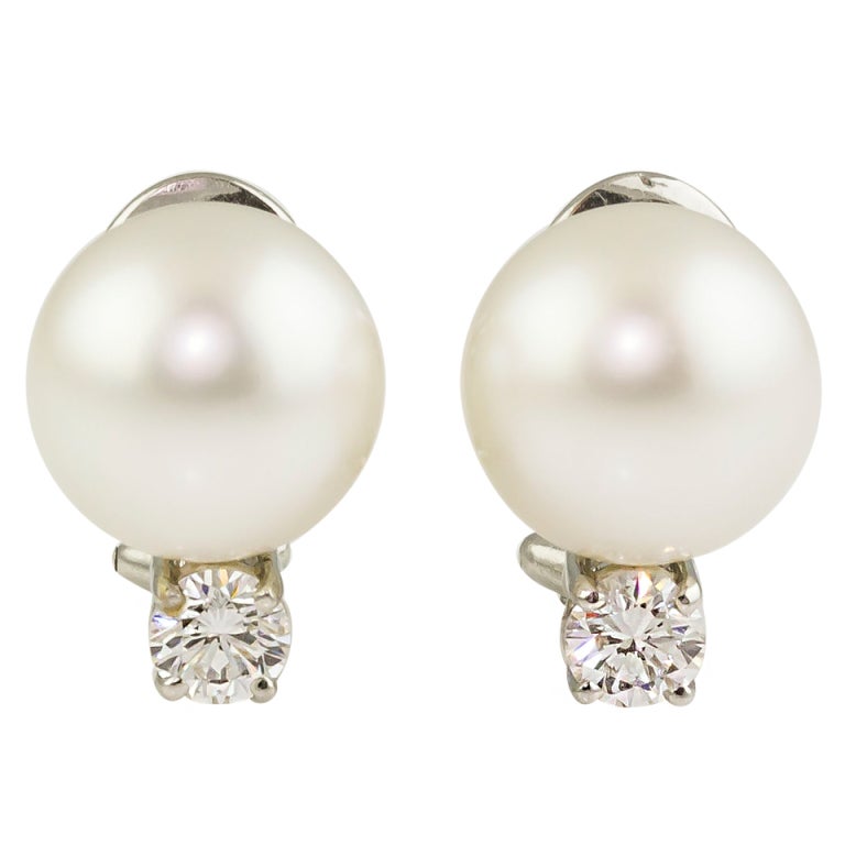 TIFFANY & CO. .70cts Diamond 11.5mm Pearl Platinum Earrings